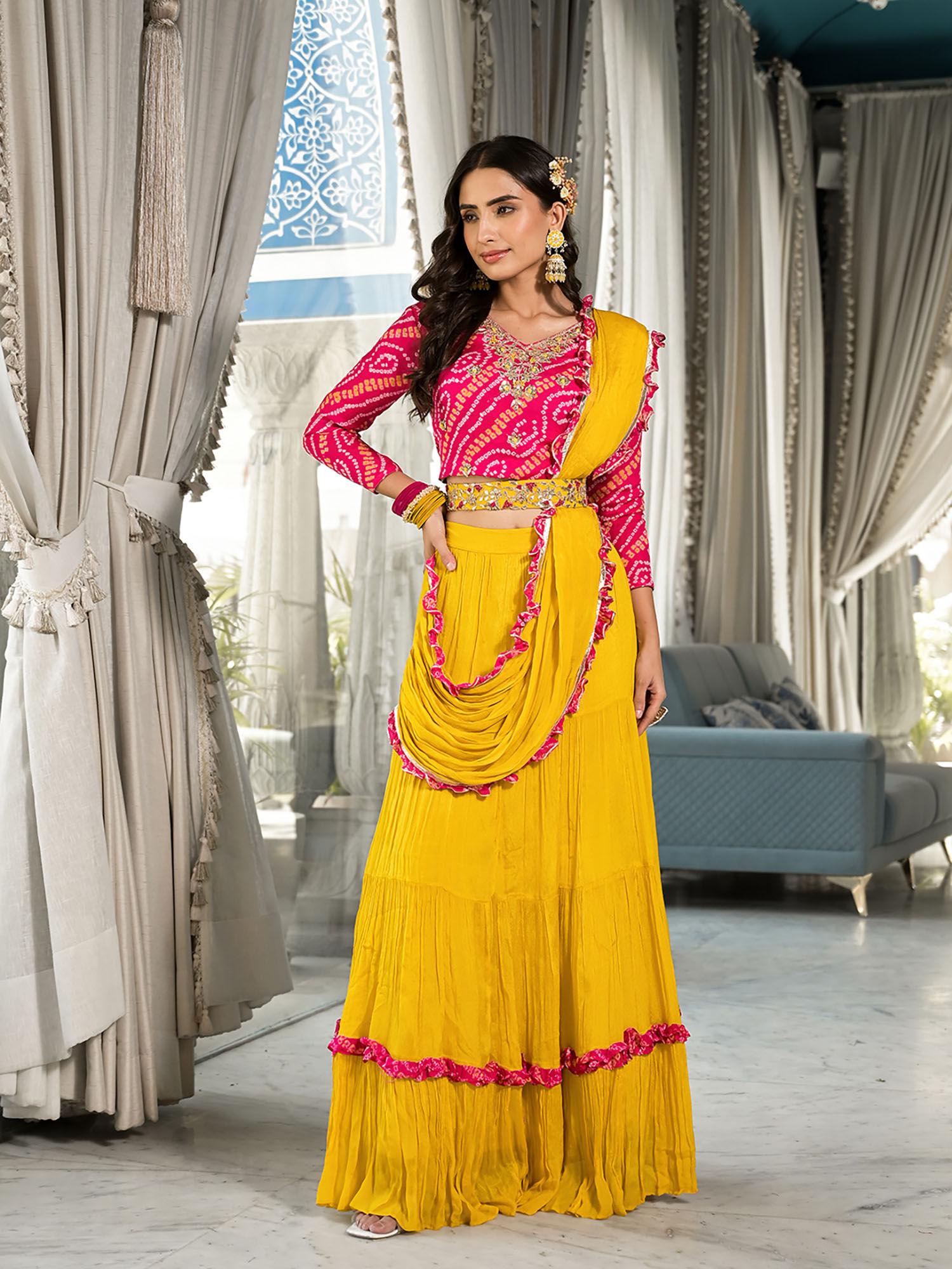 yellow bandhani fabric belted lehenga with crop top & attached dupatta (set of 3)