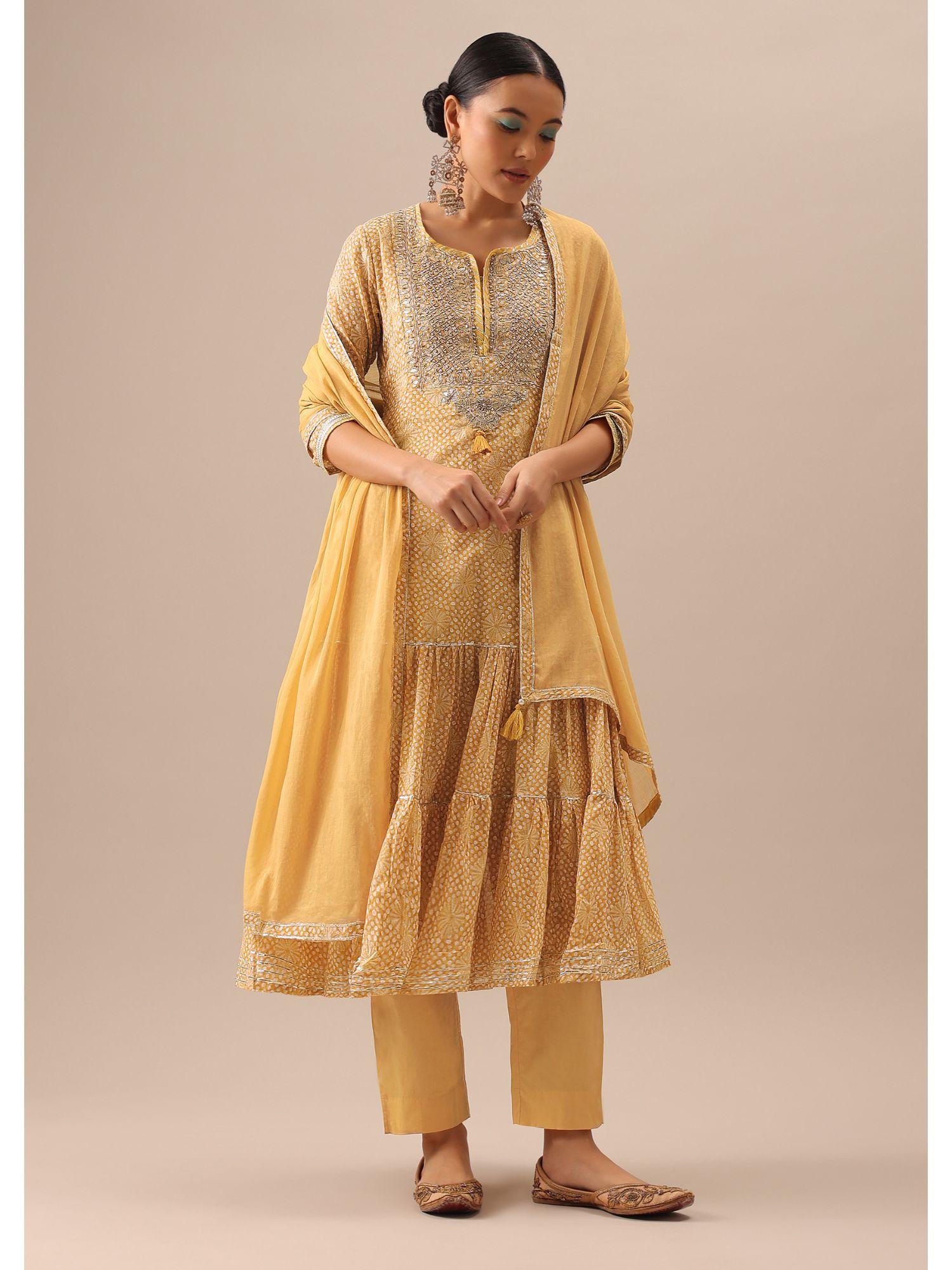 yellow bandhani print anarkali with gota trims (set of 3)