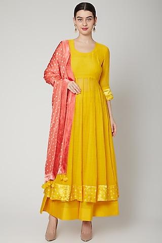 yellow bandhani printed anarkali set