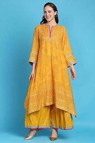 yellow bandhani printed kurta set