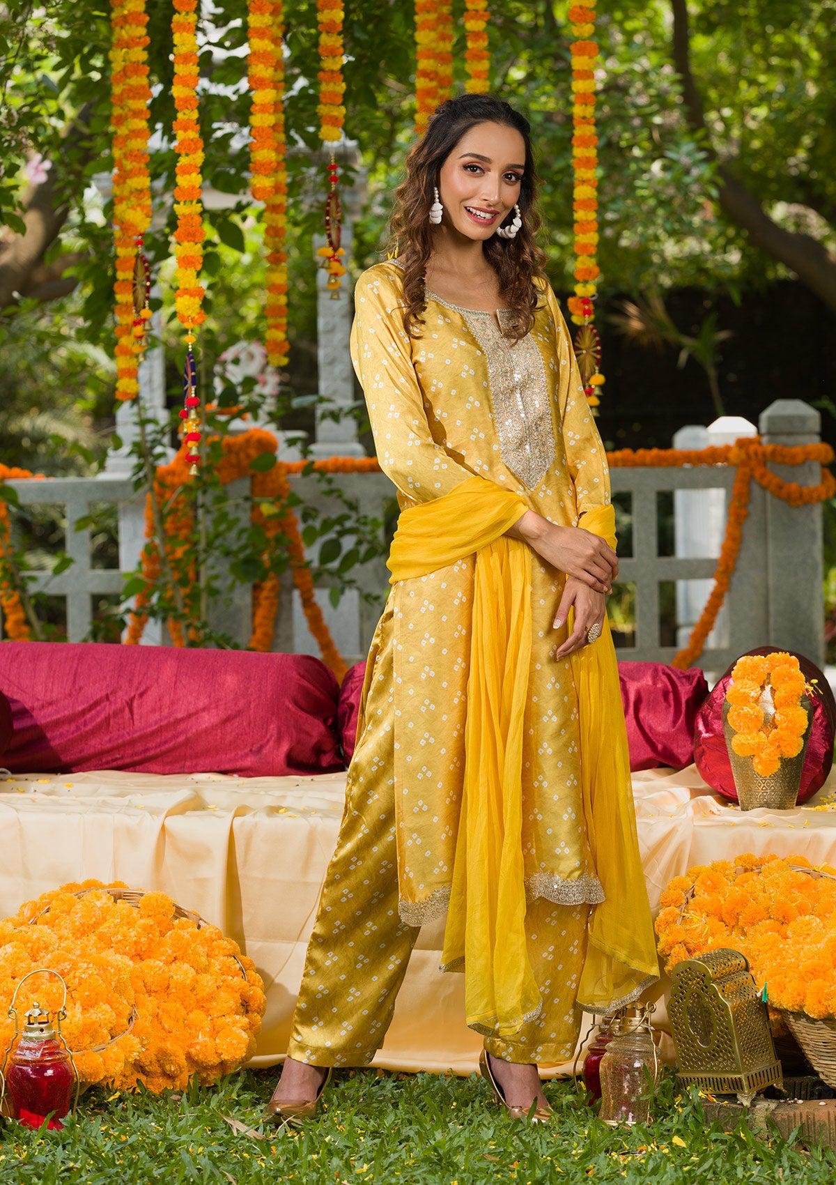 yellow bandhani semi crepe readymade salwar suit