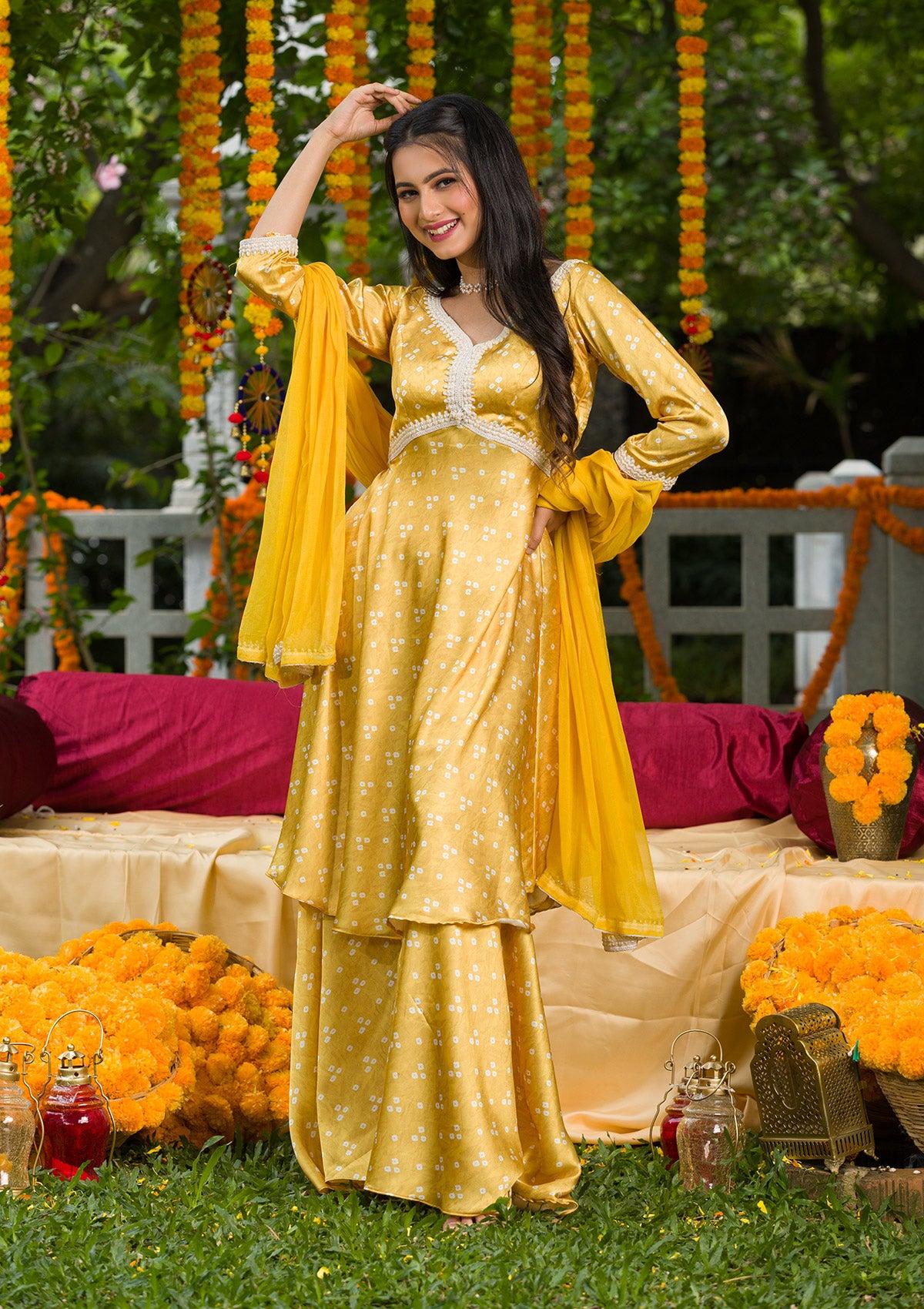 yellow bandhani semi crepe readymade sharara suit