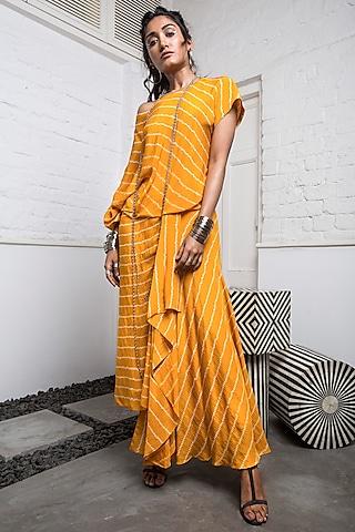 yellow bandhani striped skirt set