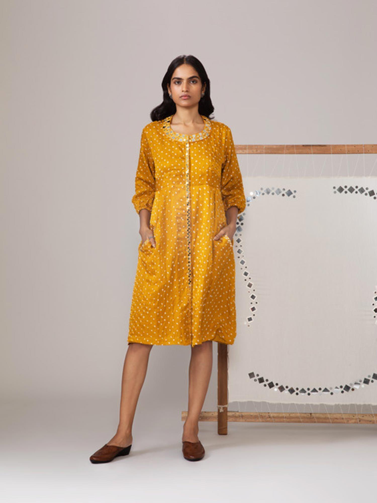 yellow bandhani yoke dress