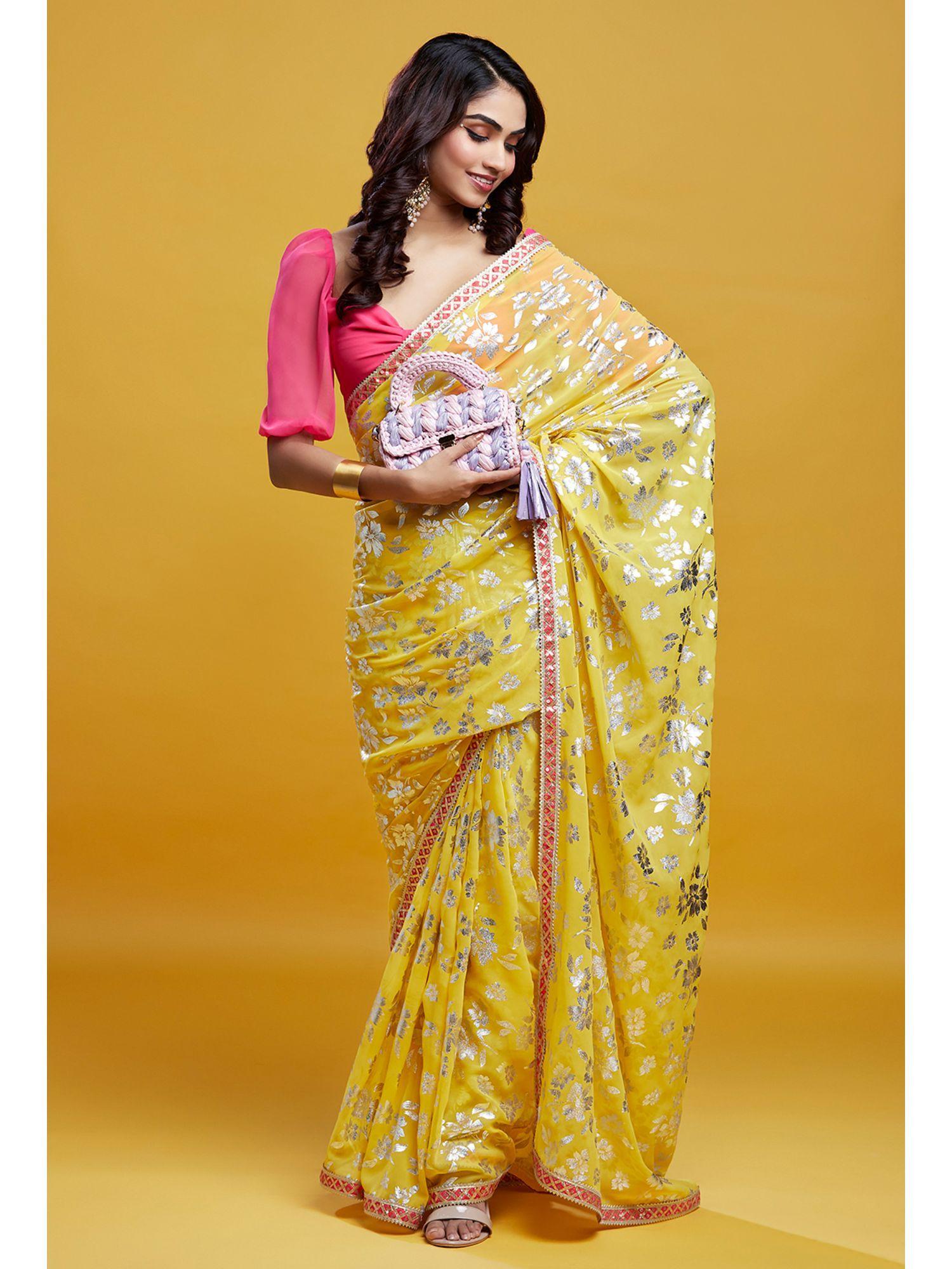 yellow barfi saree with stitched blouse