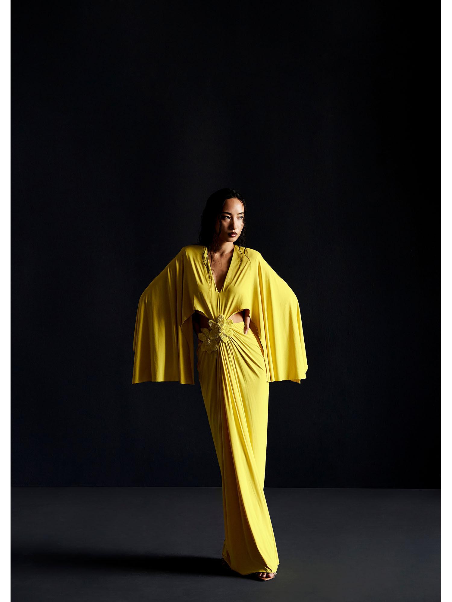 yellow batwing sleeve cutout gown