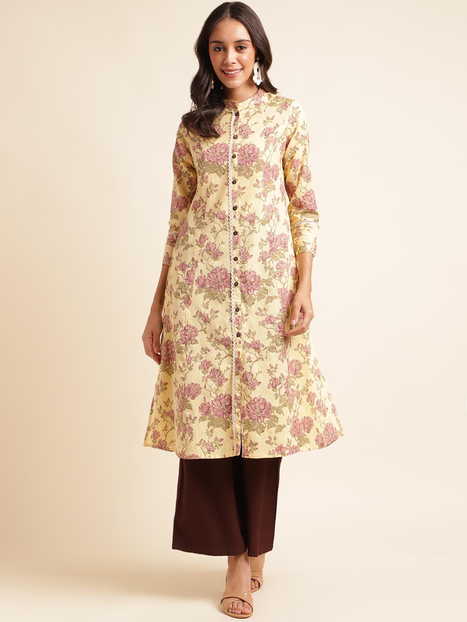 yellow beautiful flower foil printed kurta