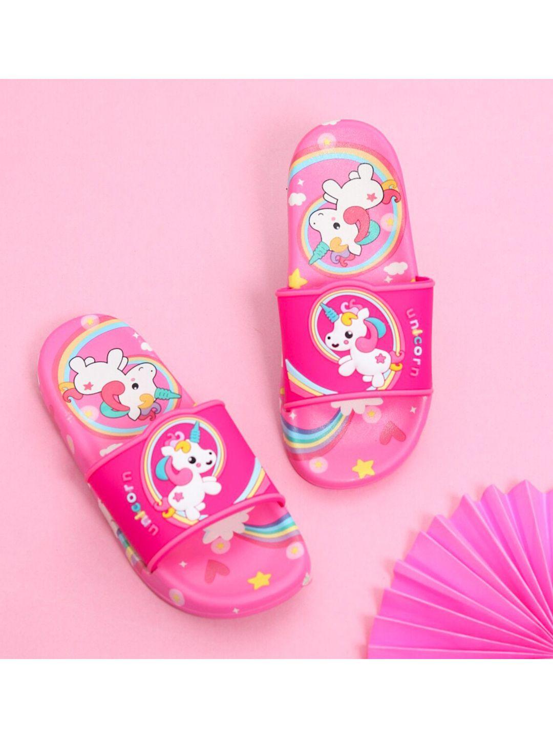 yellow bee girls pink & blue printed rubber sliders