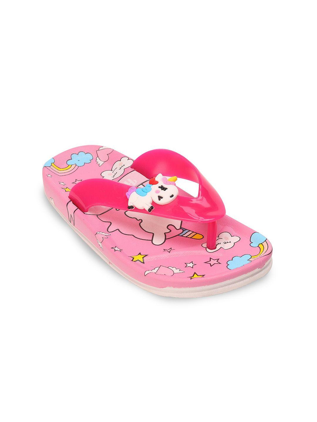 yellow bee girls pink & white unicorn with stars & rainbow printed rubber thong flip-flops