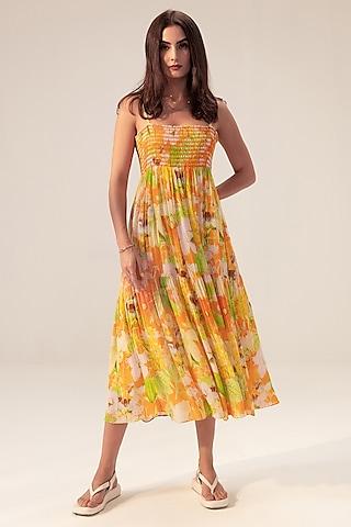 yellow bemberg georgette floral printed tiered dress