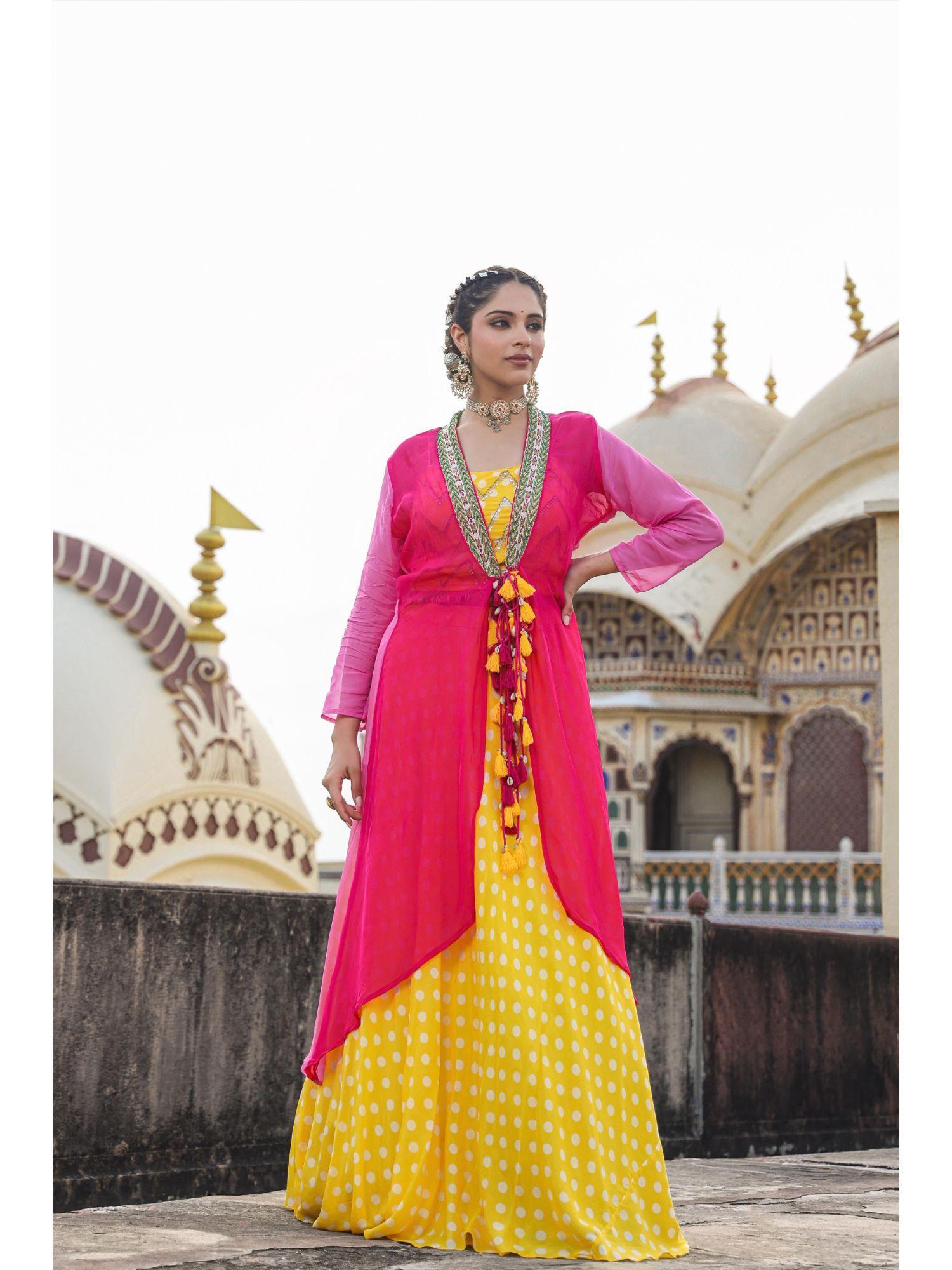 yellow bemberg polka dots lehenga choli with organza embellished cape (set of 3)