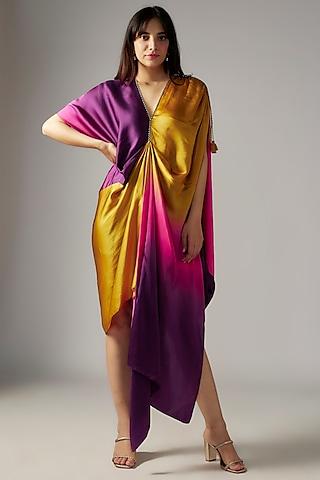 yellow bemberg satin ombre draped dress