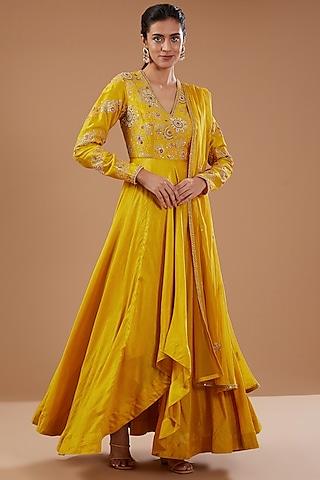 yellow bemberg silk & chanderi shimmer dori embroidered asymmetric anarkali set