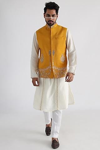 yellow bemberg silk embroidered nehru jacket