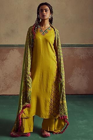 yellow bemberg silk mandala embroidered a-line kurta set