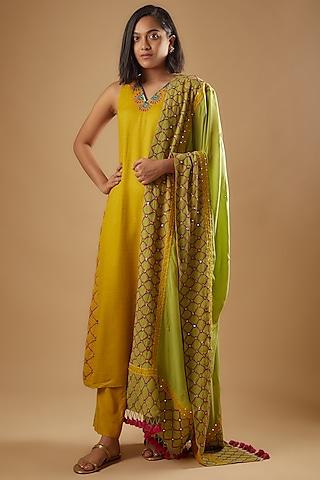 yellow bemberg silk mandala embroidered kurta set