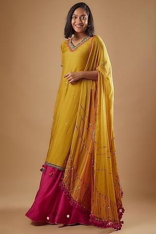 yellow bemberg silk thread & mirror embroidered kurta set