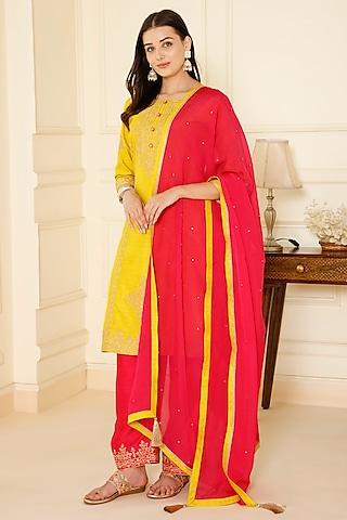 yellow bemberg silk tilla dori & sequin embroidered straight kurta set