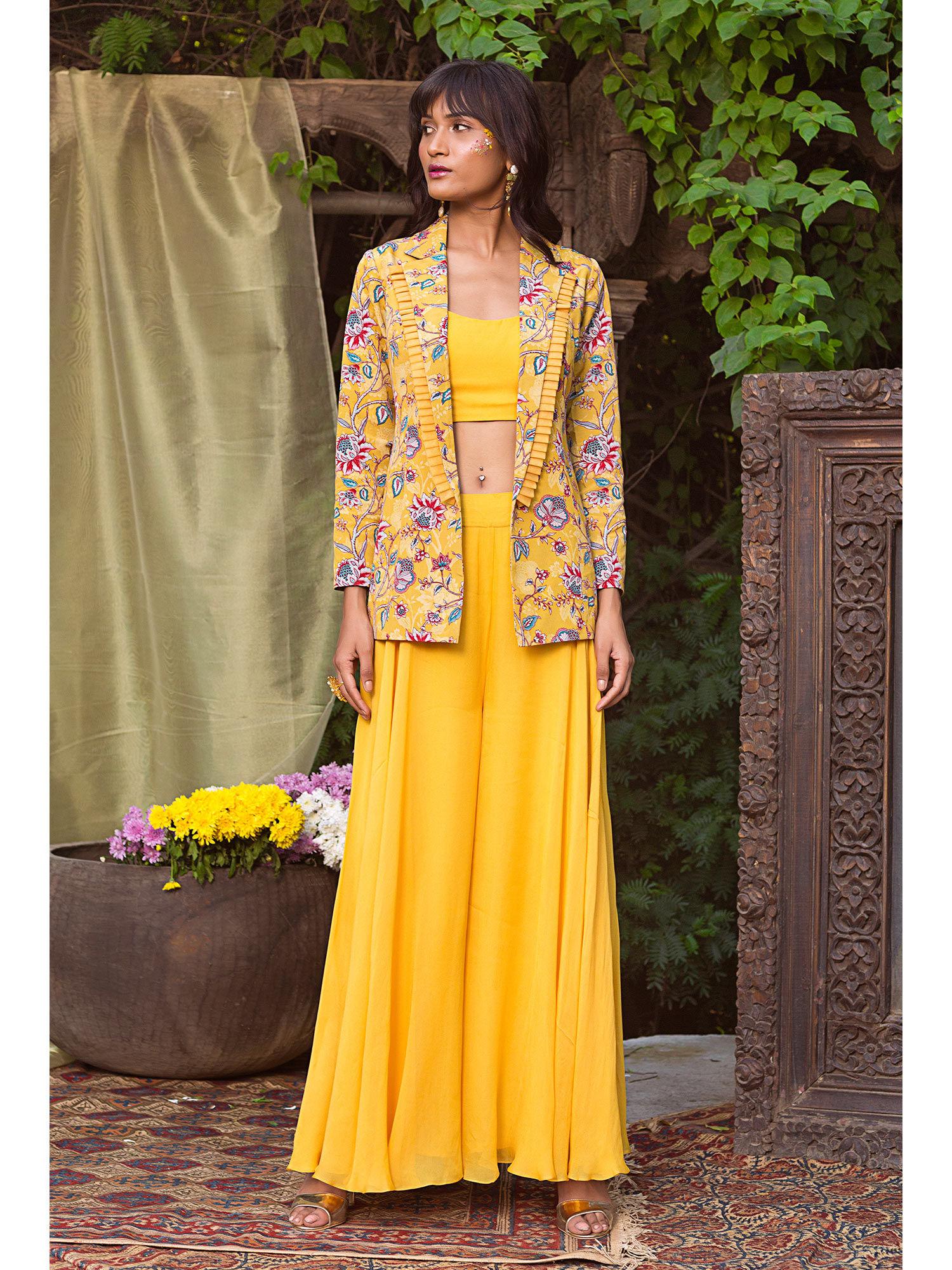 yellow blazer with palazzo and crop blouse (set of 3)