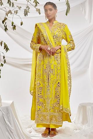 yellow blended georgette embroidered kurta set
