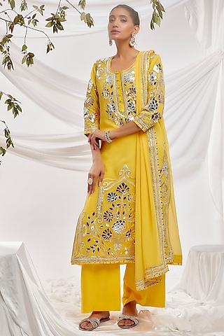 yellow blended georgette embroidered kurta set