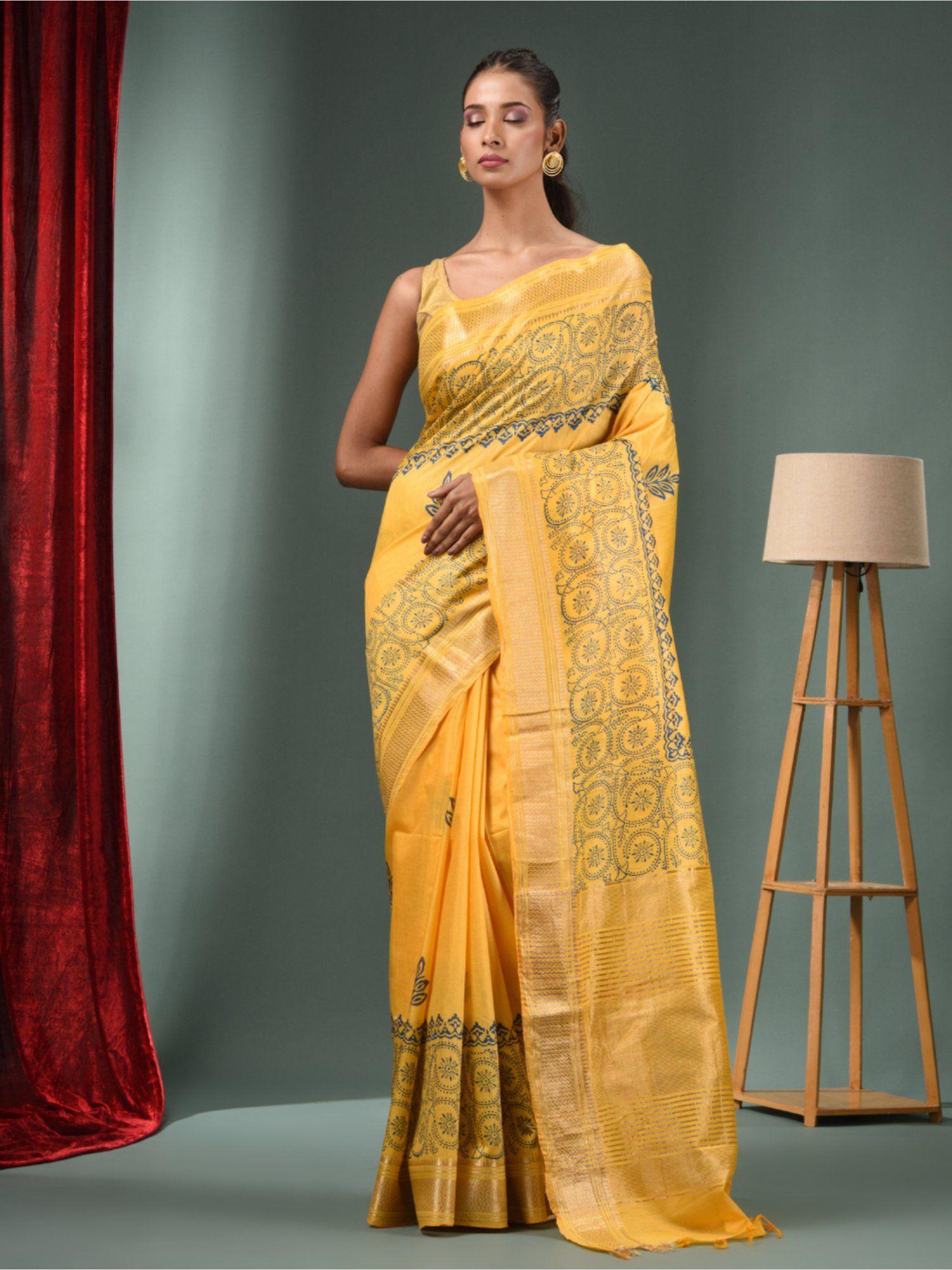 yellow blended silk handwoven saree with woven zari border & unstitched blouse