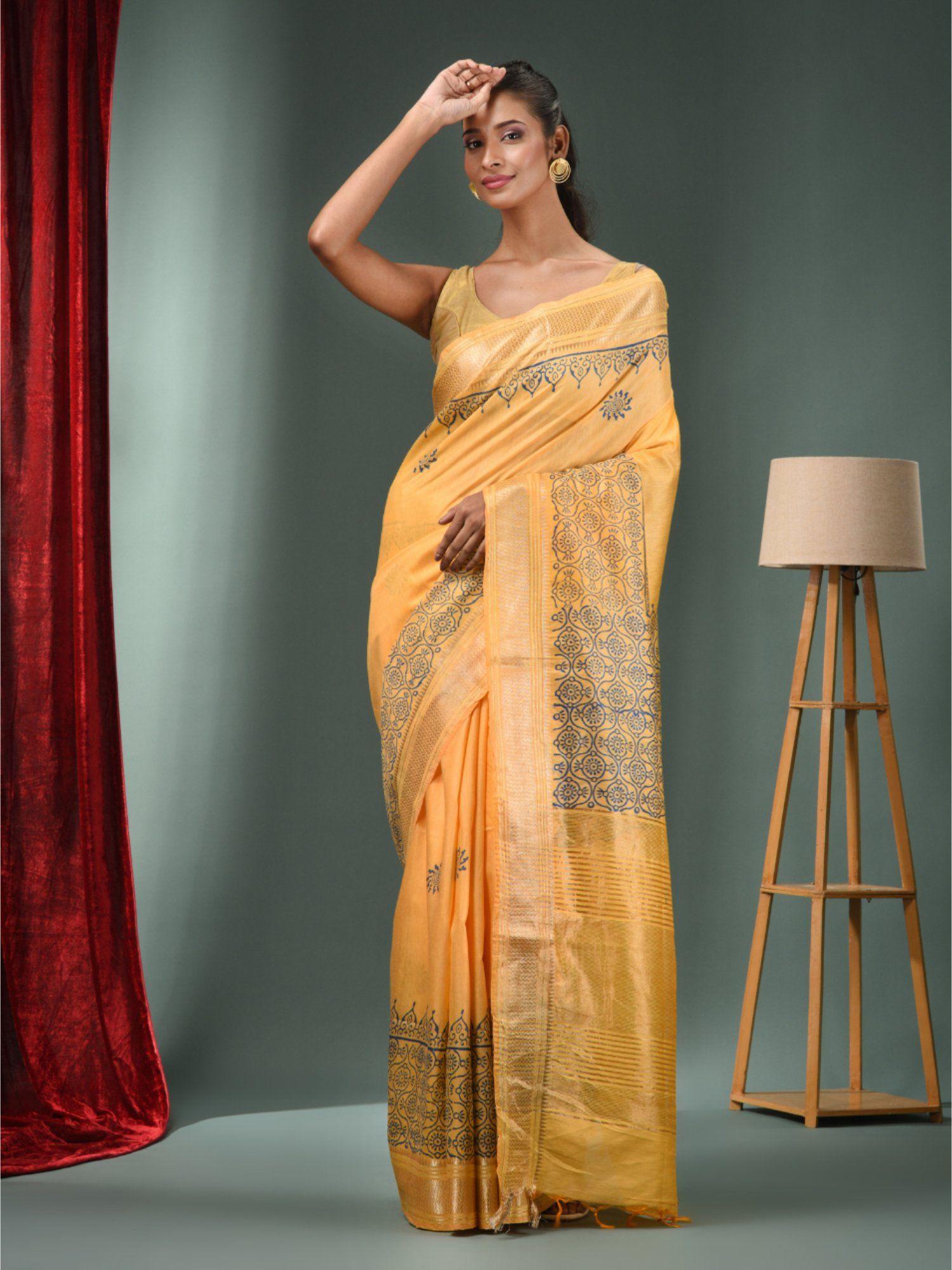 yellow blended silk handwoven saree with woven zari border & unstitched blouse