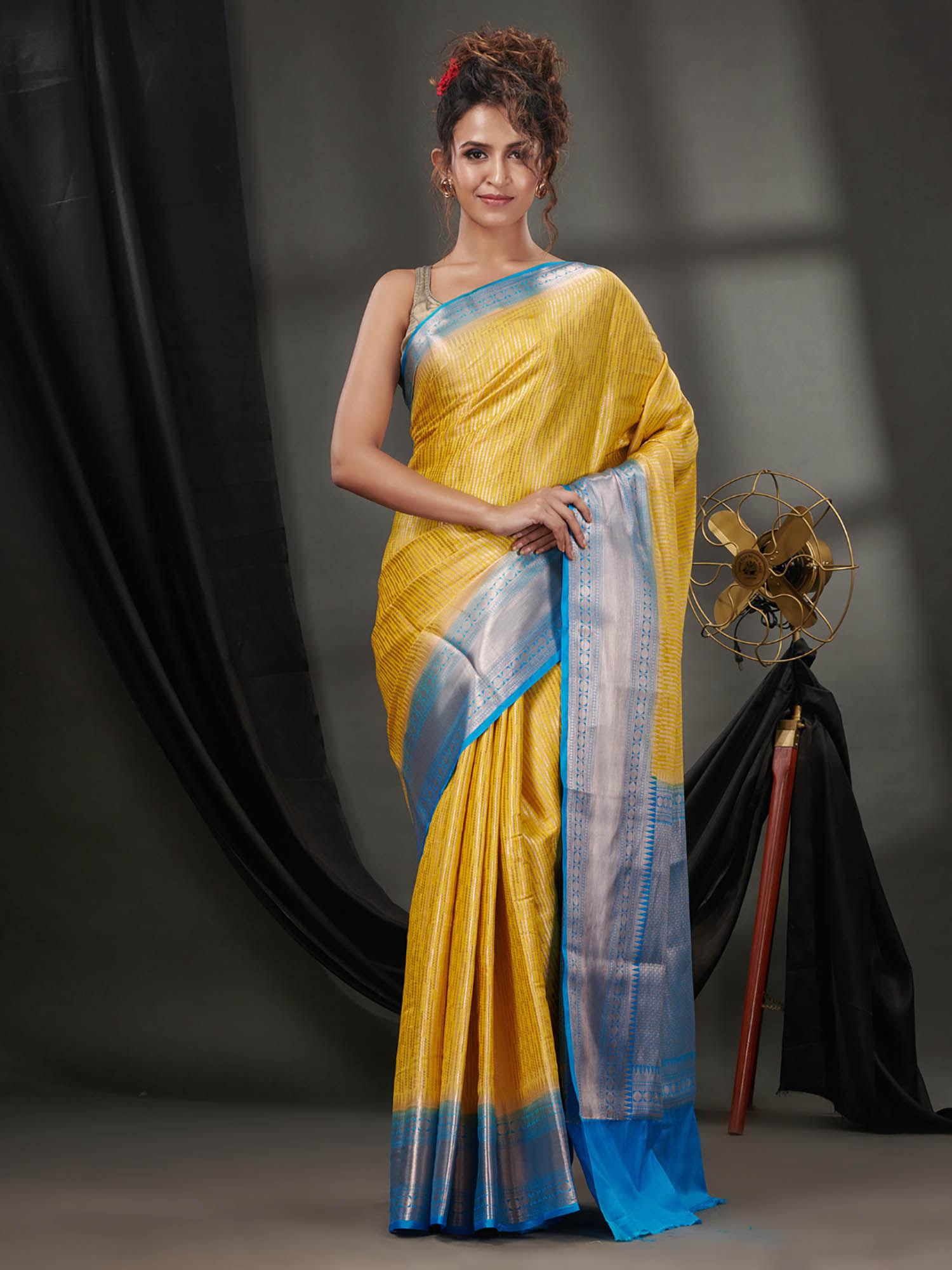 yellow blended silk handwoven saree with woven zari designs & unstitched blouse