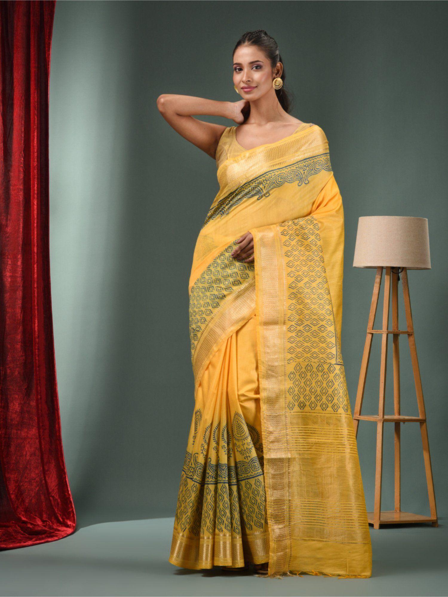 yellow blended silk handwoven saree with zari border & unstitched blouse