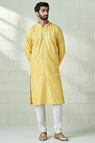 yellow blended viscose embroidered kurta set
