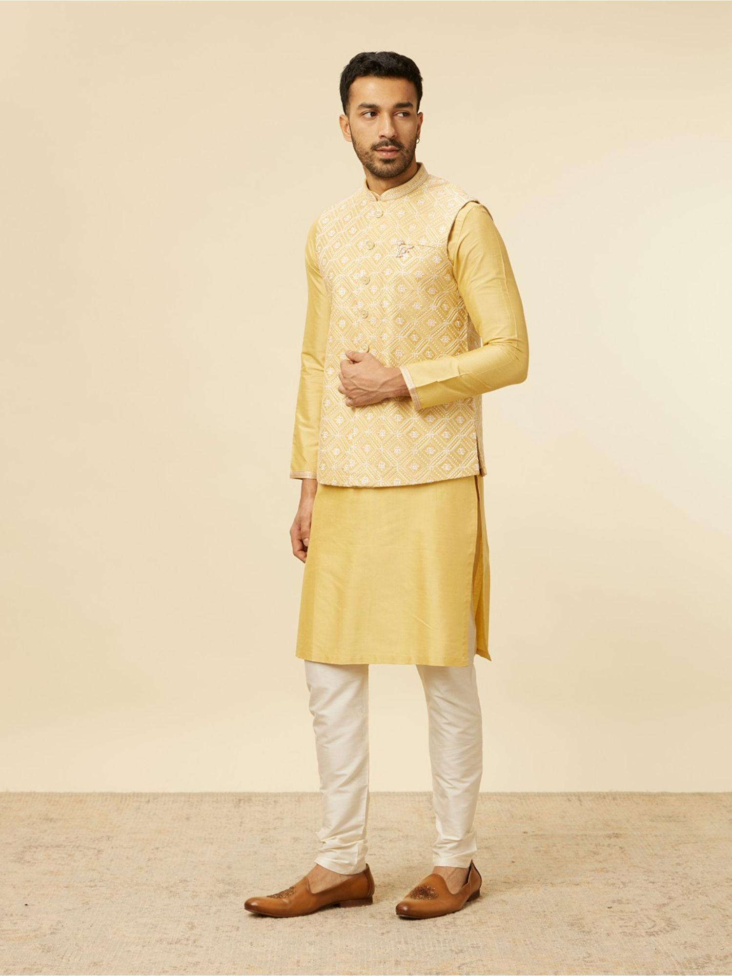 yellow blended viscose embroidery stone work kurta with pyjama & jacket (set of 3)