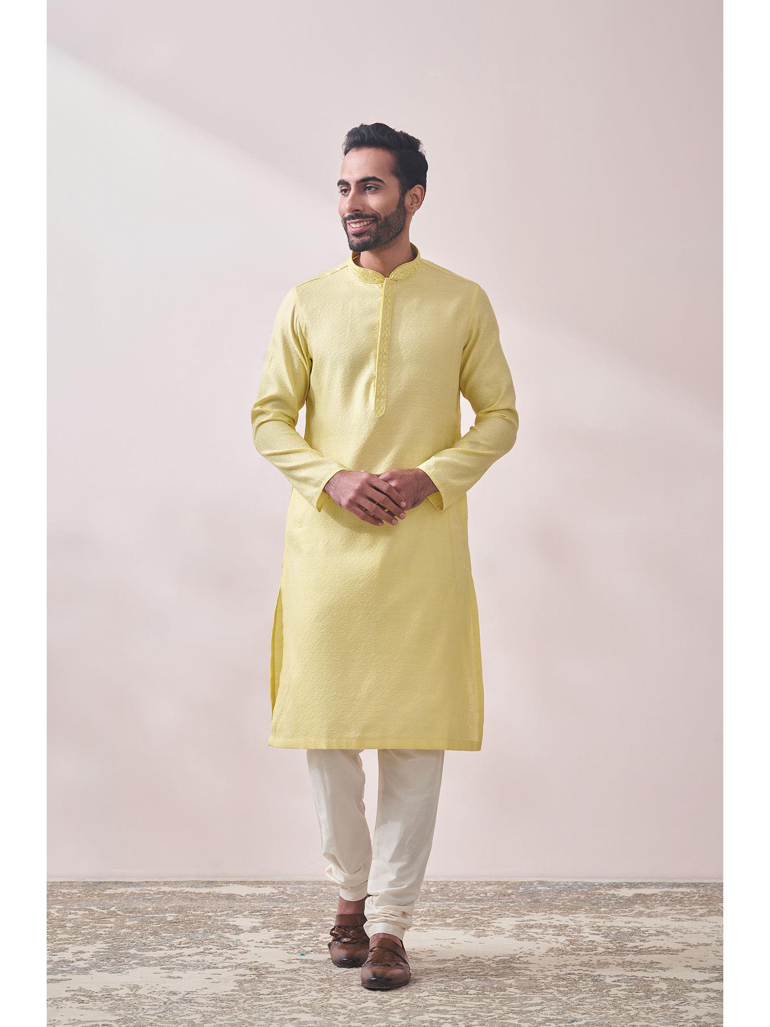 yellow blended viscose self design kurta pencil pyjama set (set of 2)