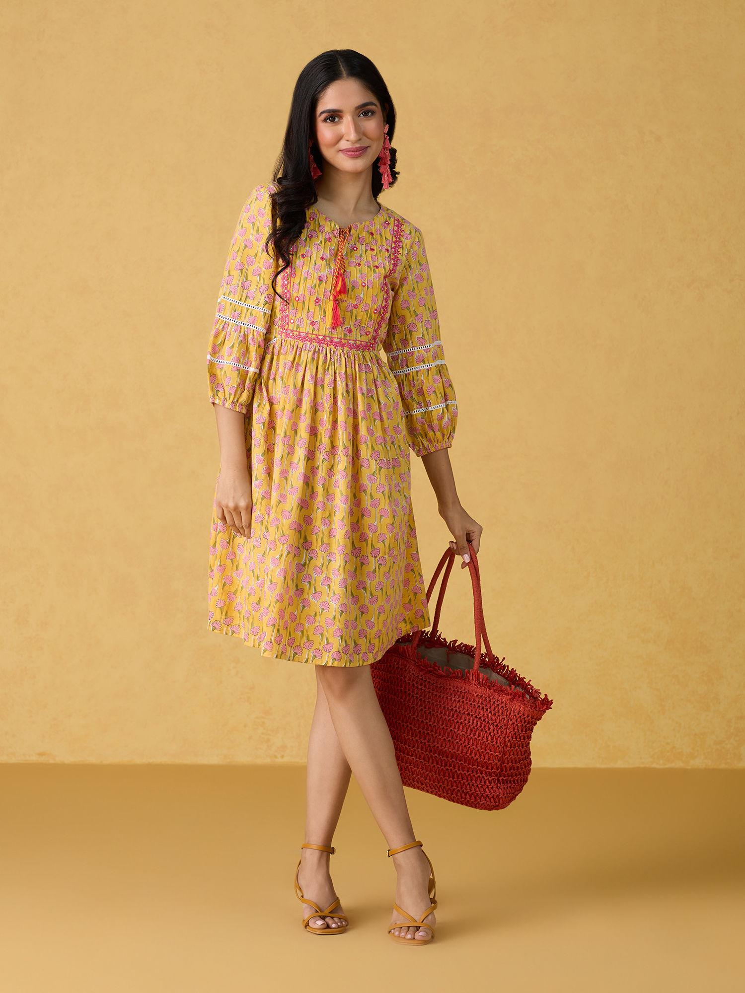 yellow blossom hand block printed dress likdrs68