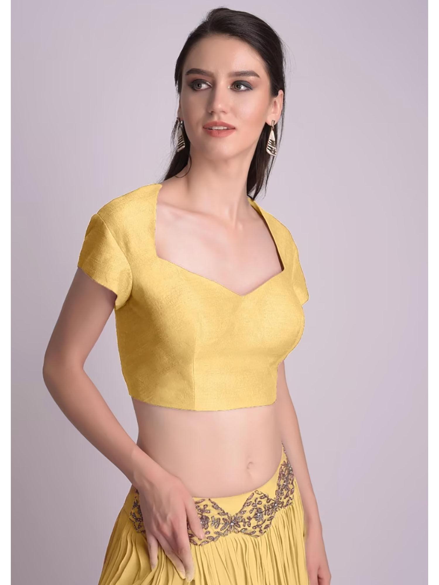 yellow blouse with deep sweet heart neck & cap sleeves