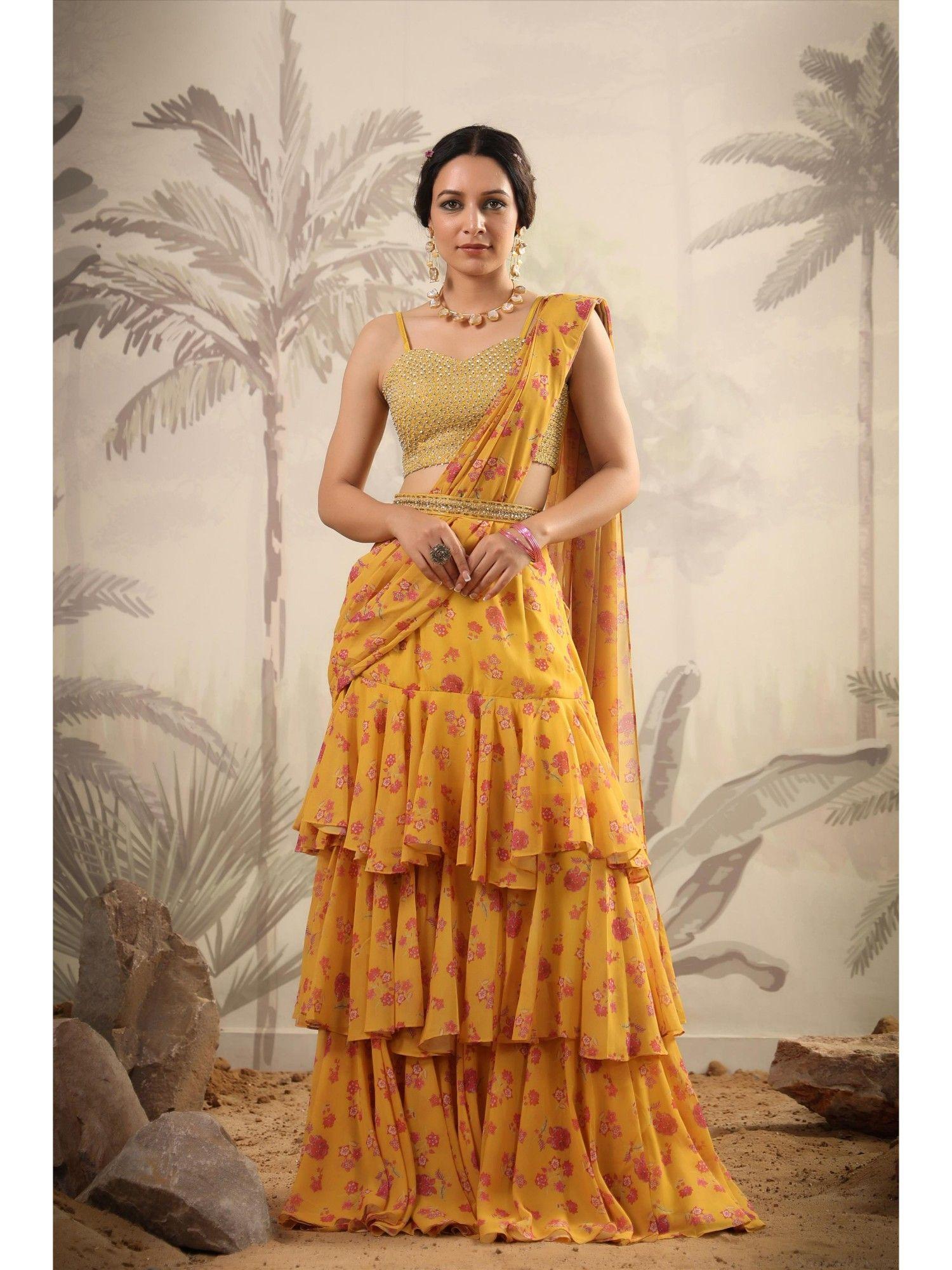 yellow blouse with drape saree & cutdana belt with stitched blouse