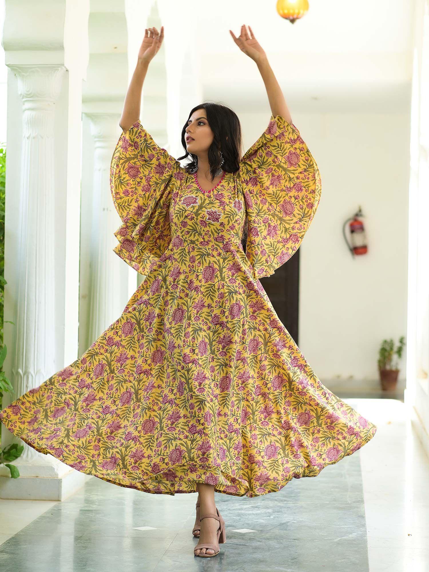 yellow blush printed cotton dress with adda work