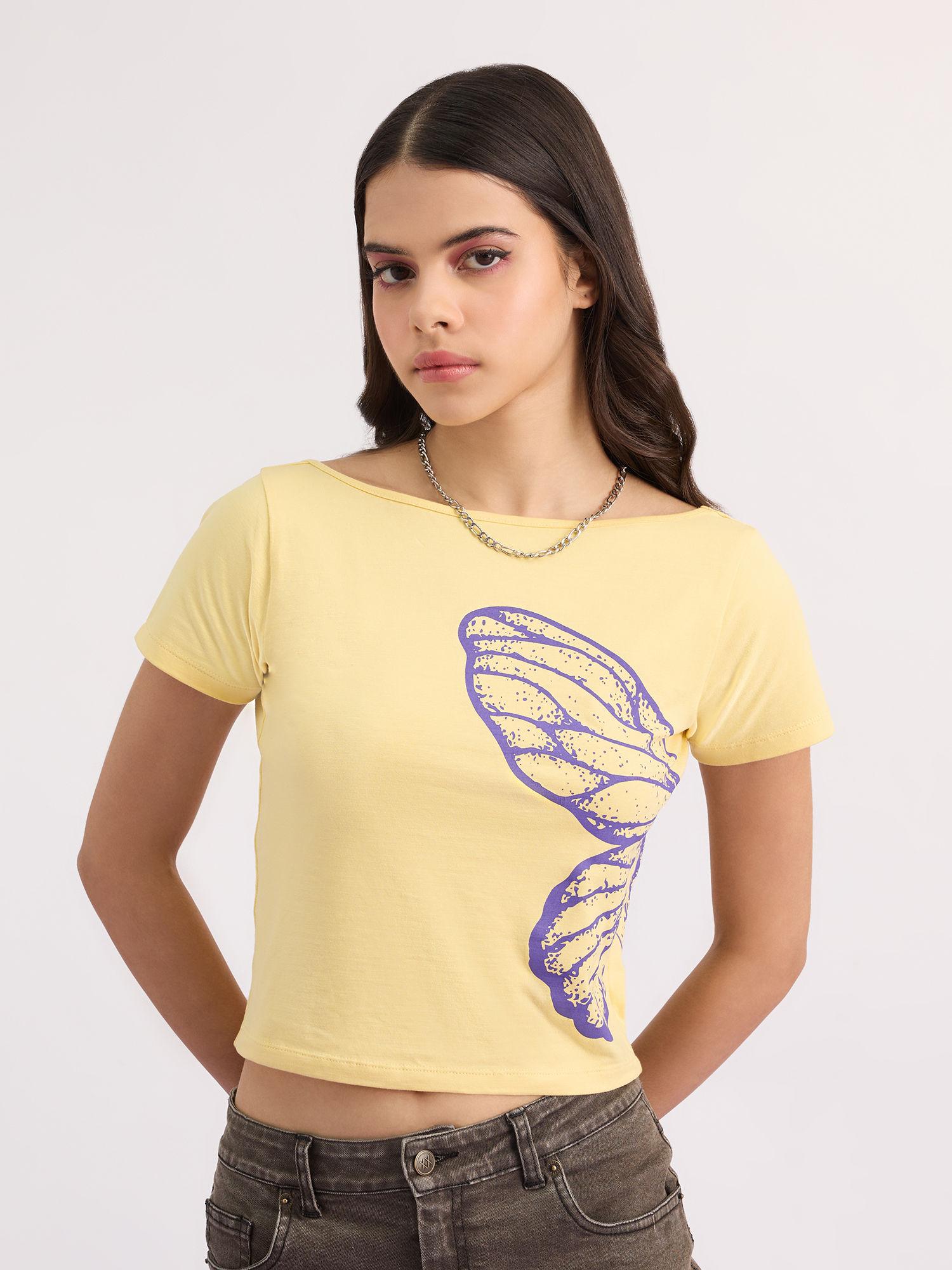 yellow boat neck graphic print top