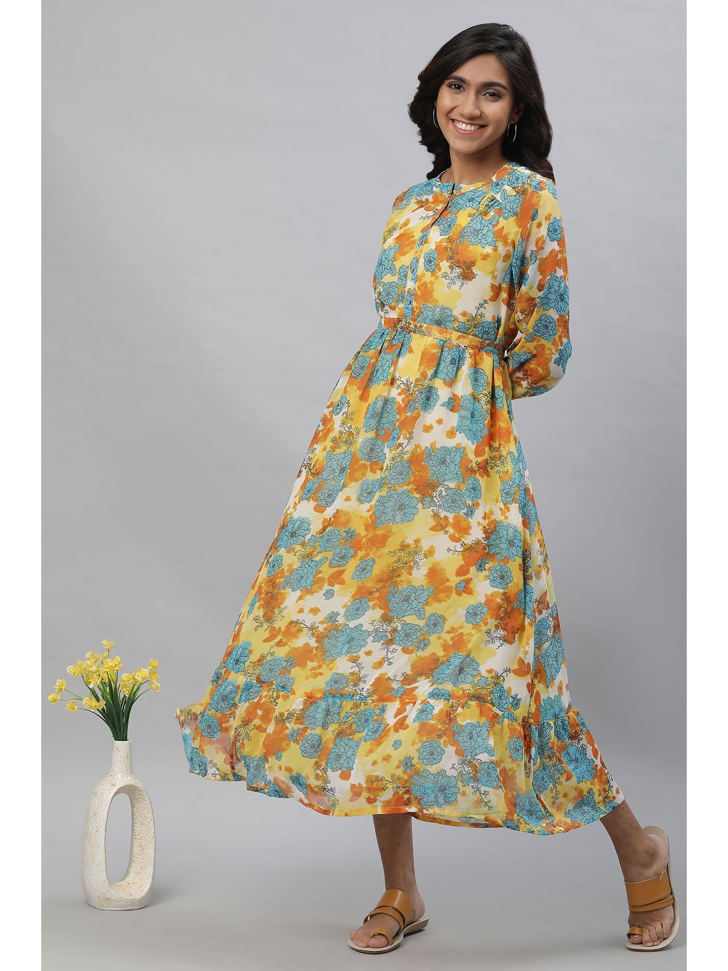 yellow bold floral print flared dress