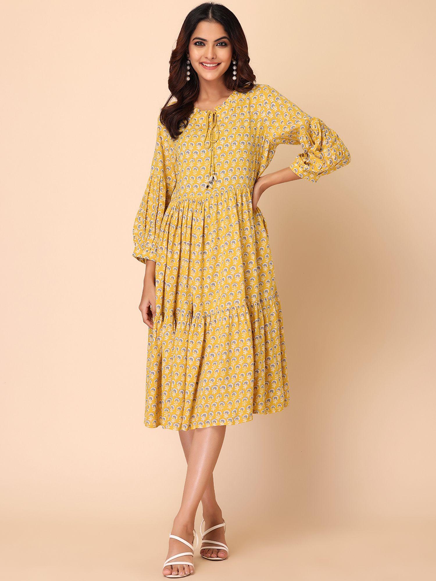 yellow boota foil print tiered rayon dress