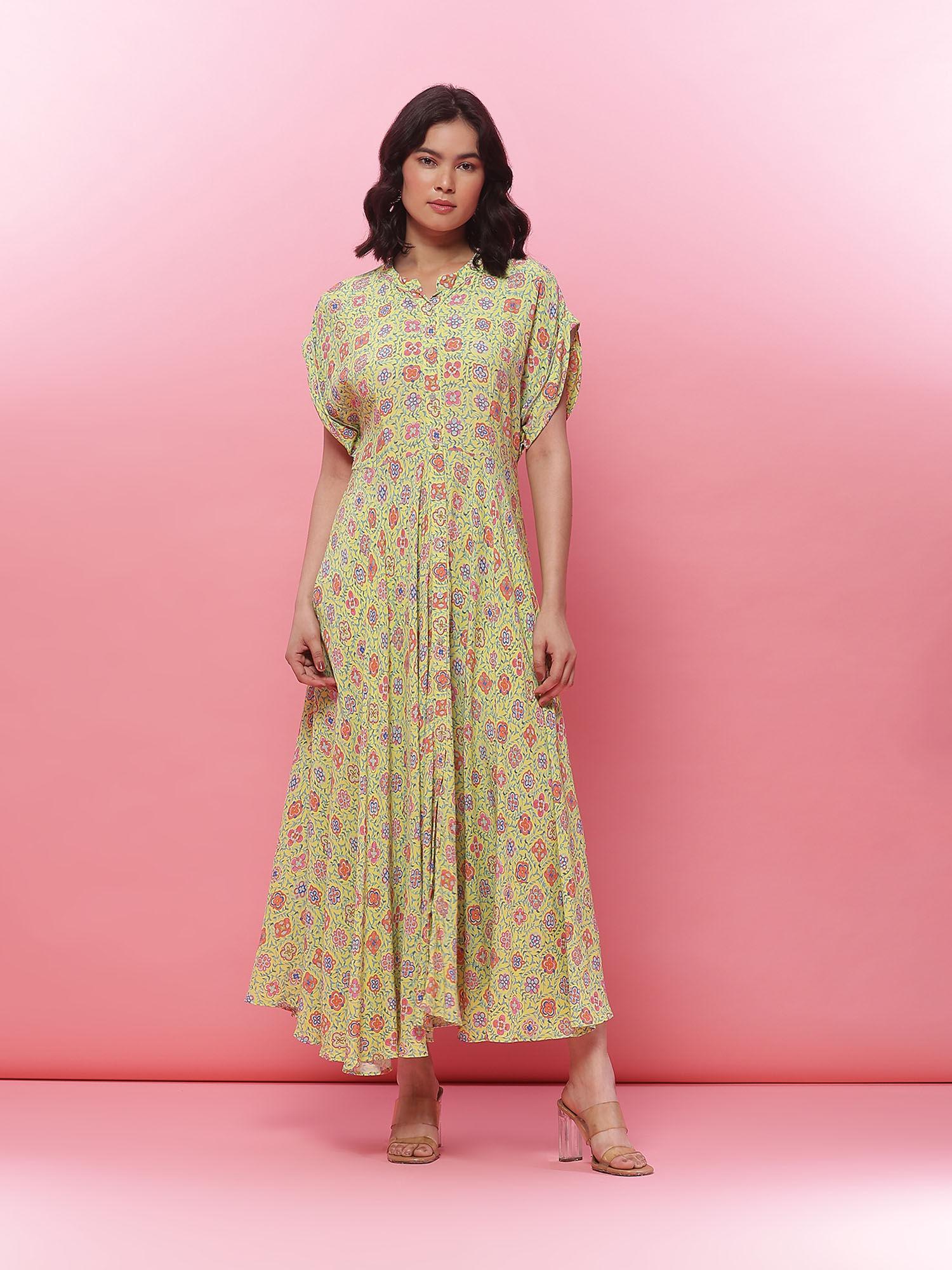 yellow botanic print long dress