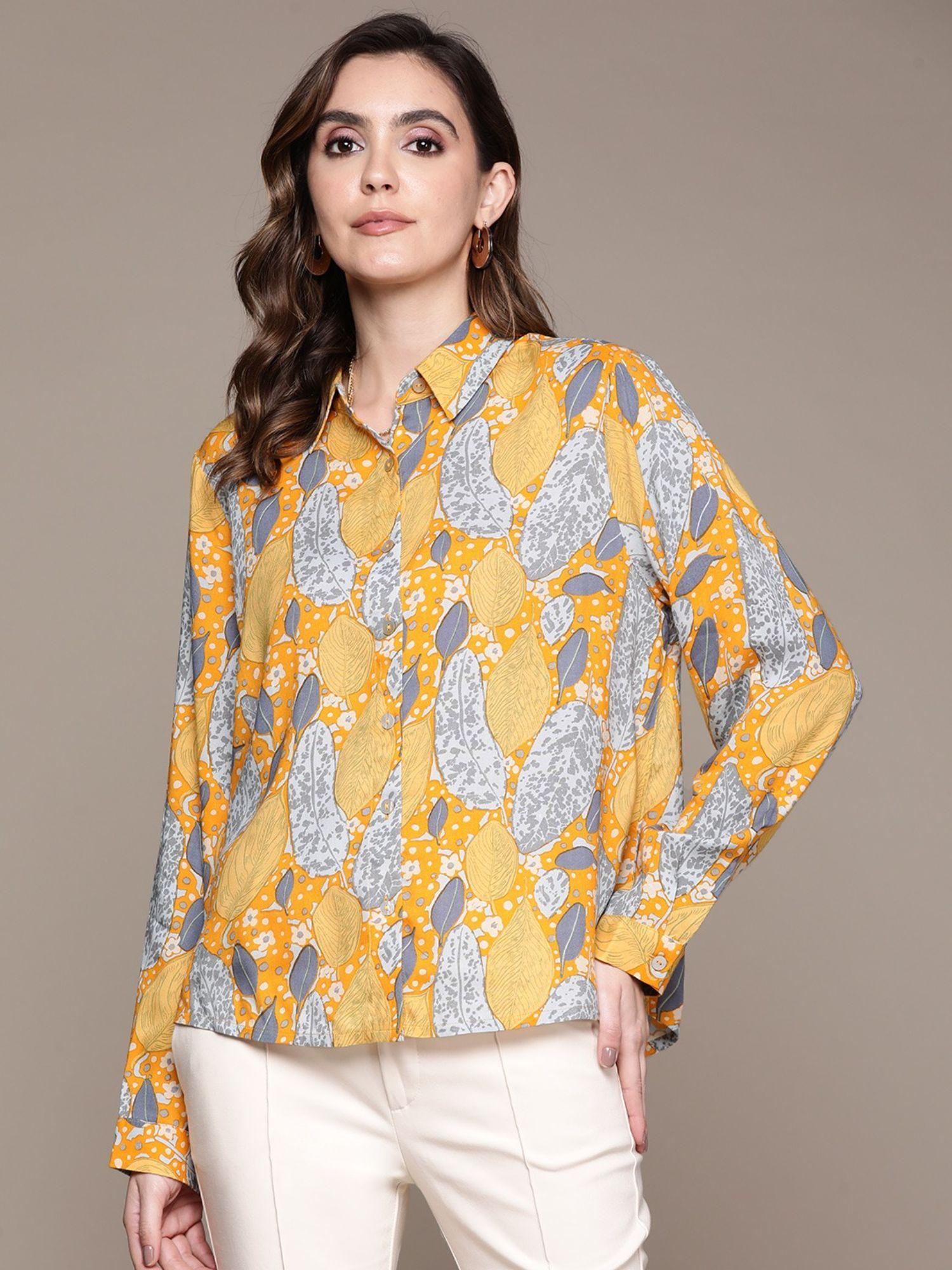 yellow botanic print shirt
