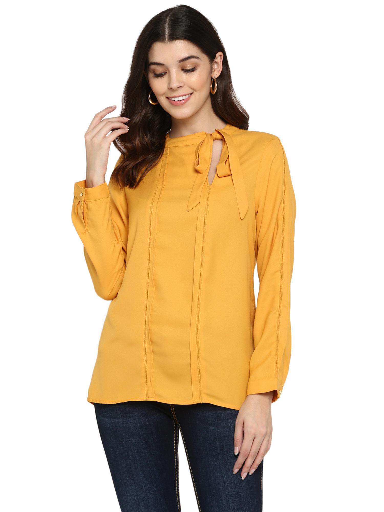 yellow bow-tie neck polyester top