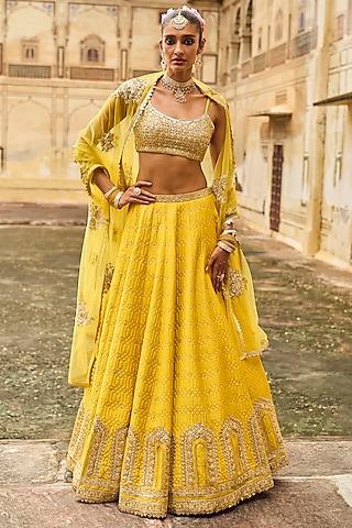 yellow brocade & shantoon thread embroidered lehenga set