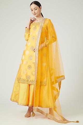 yellow brocade embroidered kurta set