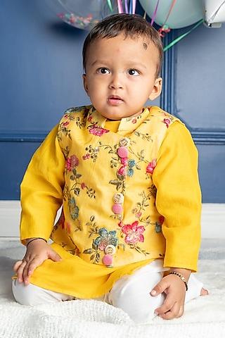 yellow brocade embroidered nehru jacket set for boys