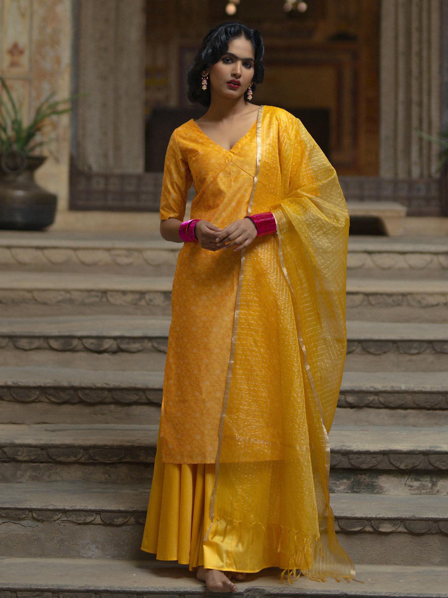 yellow brocade palazzo suit with organza dupatta (set of 3)