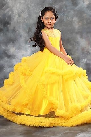 yellow butterfly net ruffled layered gown for girls