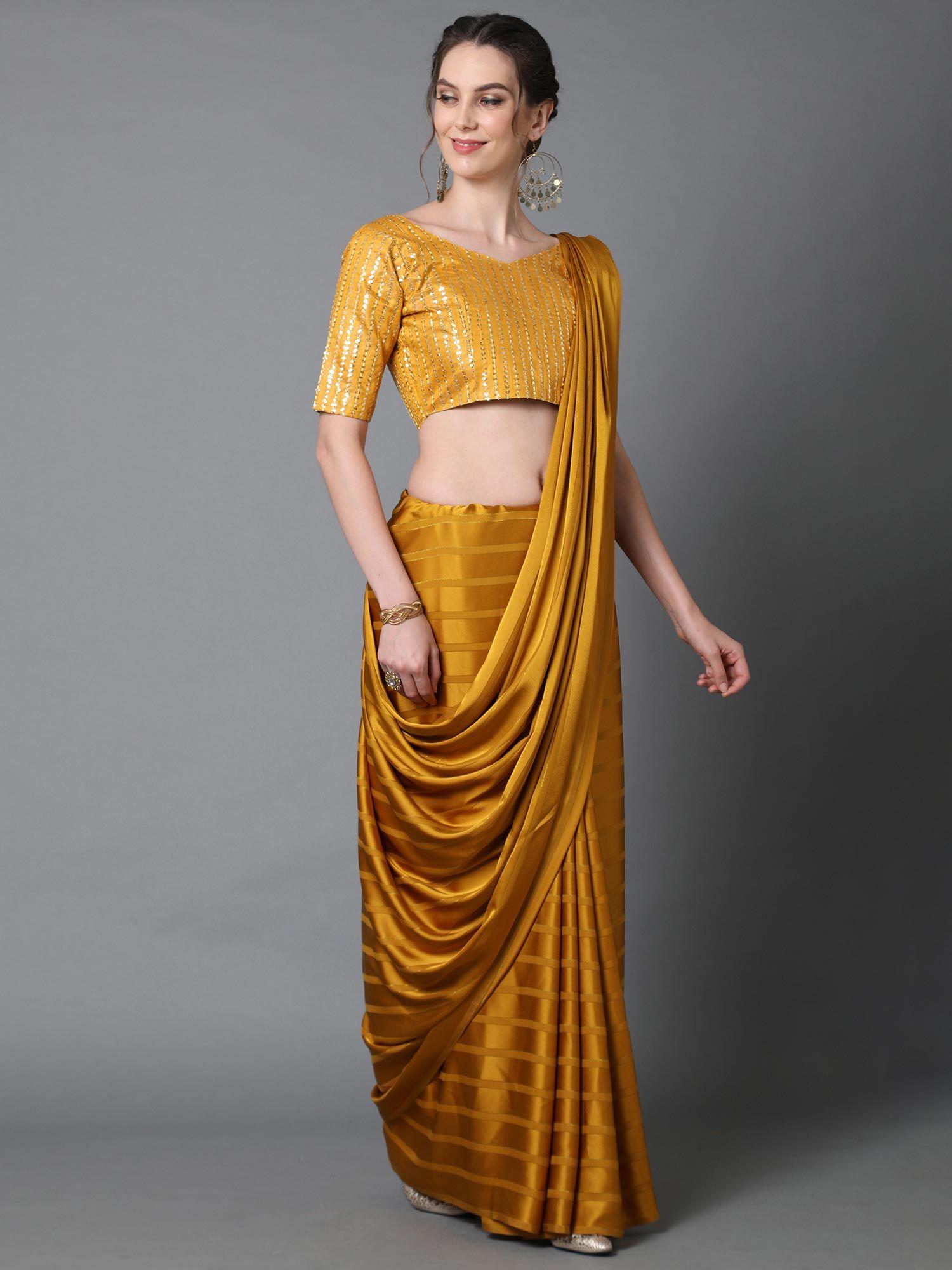 yellow casual georgette and satin solid saree with unstitched