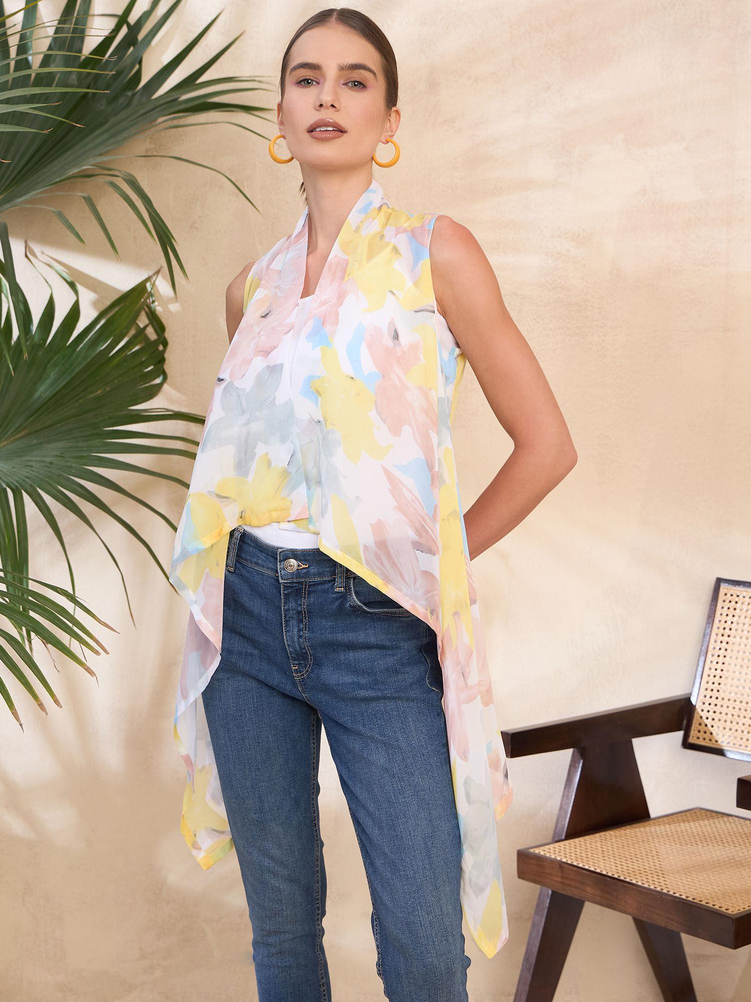 yellow casual high low floral printed shrug