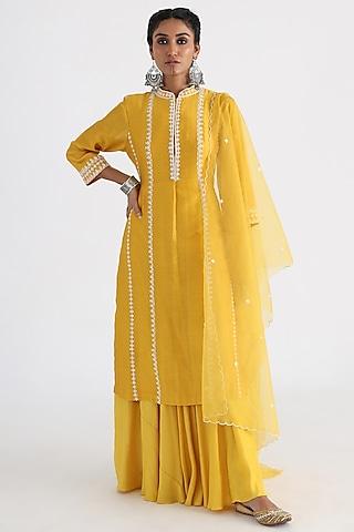 yellow chanderi & bam silk embroidered layered kurta set